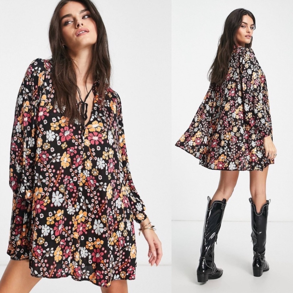 Free People Black Floral Mini Dress with Pink and Yellow Blooms